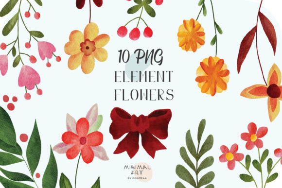 10 Flowers Leaves Watercolor Christmas Illustrations