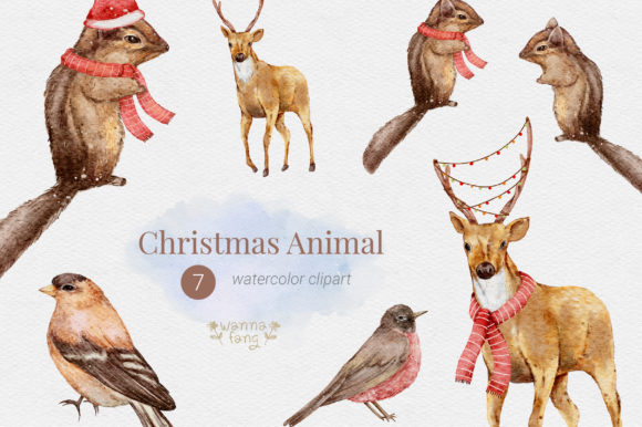 Christmas Animal Watercolor Clipart, PNG for Branding and Marketing