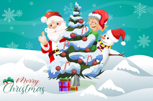 Christmas Tree Card Santa Claus and Elf Illustration