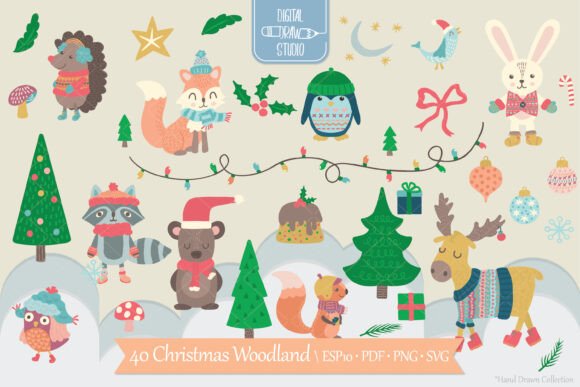 Christmas Woodland Animals Holiday Illustrations