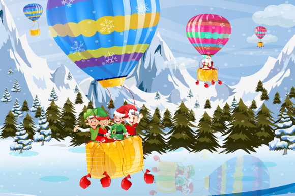 HotAir Balloon Christmas Elves and Santa Illustrations