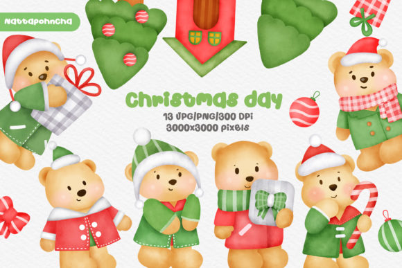 Watercolor Christmas Bear Illustration for Digital Selling