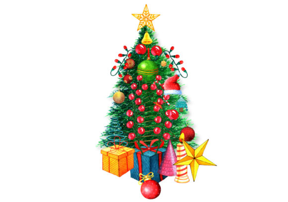 Watercolor Christmas Tree with Ornament Illustrations