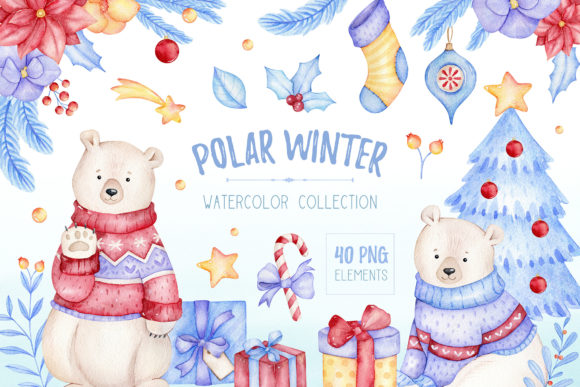 Watercolor Polar Bear Christmas Clipart for Handmade Projects